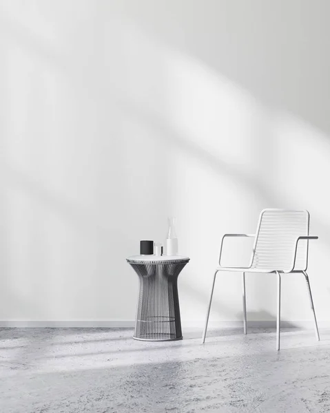 Minimalistische Scandinavische Stijl Kamer Interieur Met Witte Metalen Stoel Tafel — Stockfoto