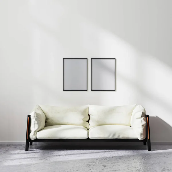 フレームは 白と黒のソファ 現代的なリビングルームの背景 3Dレンダリングと北欧ミニマルスタイルのリビングルームのインテリアでモックアップ — ストック写真