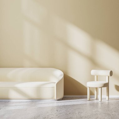 Modern minimalist oturma odası tasarımı açık bej koltuğu ve duvarında güneş ışınları olan kanepe, boş bej duvar ve beton zemin, 3D