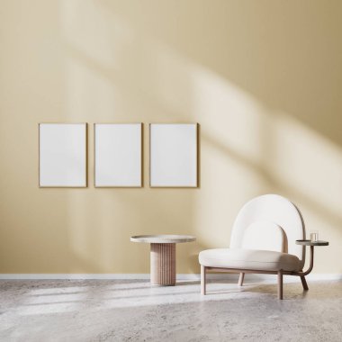 poster çerçevesi modern oturma odasında bej koltuğu ve bej duvarlı kahve masası ve beton döşemeli, İskandinav tarzı, 3D işlemeli