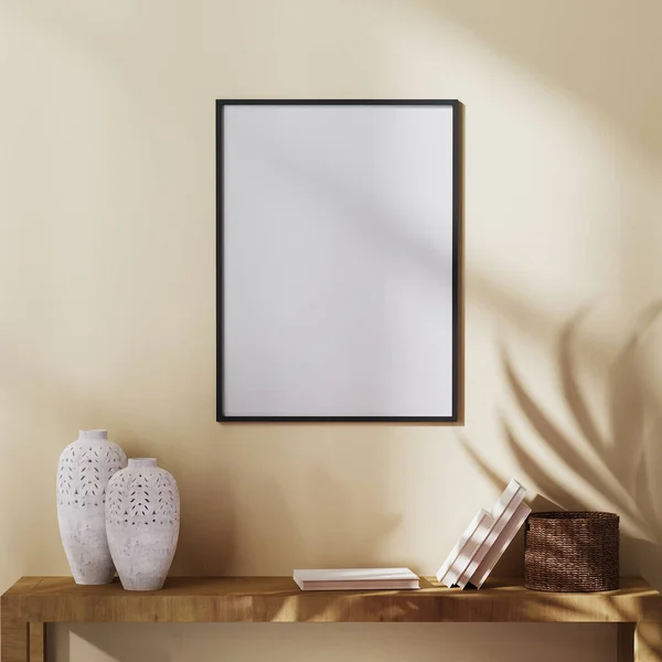 Blanco Poster Frame Mock Lichtbruine Muur Met Palmblad Schaduw Plank — Stockfoto