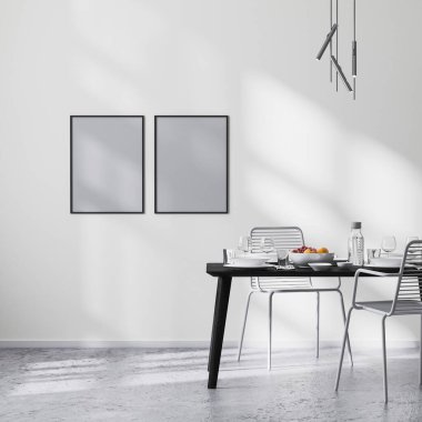 Modern yemek odasındaki poster çerçevesi siyah masa, sandalyeler ve beyaz duvarlı güneş ışınları, beton zemin, minimalist tarzda İskandinav tarzı, 3D görüntüleme.