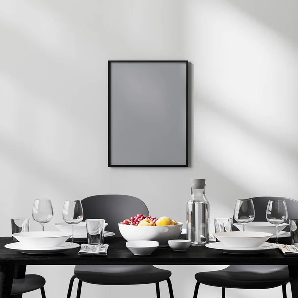 Poster Frame Mock Moderne Eetkamer Interieur Met Zwarte Tafel Stoelen — Stockfoto