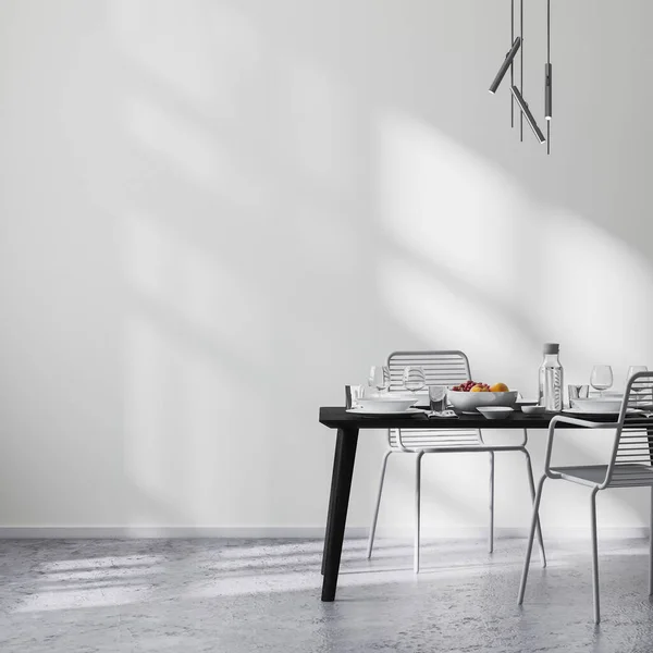 Modern Dining Room Interior Black Table Chairs White Wall Sunbeams — Stock Photo, Image