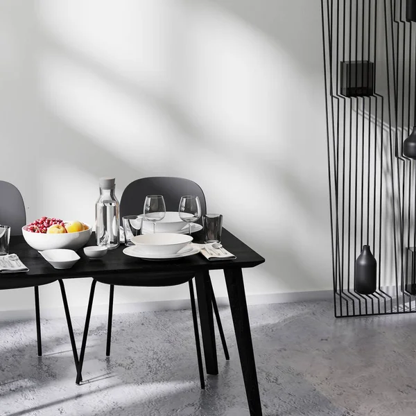 Modern Minimalistisk Design Interiör Närbild Matbord Med Stolar Vit Vägg — Stockfoto