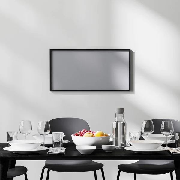 Frame Mock Moderne Eetkamer Interieur Met Zwarte Tafel Stoelen Witte — Stockfoto