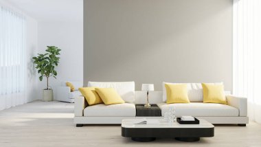 Beyaz kanepesi, lambası ve ahşap kaplamalı yeşil bitkisi olan parlak modern oturma odası. İskandinav tarzı, rahat bir iç mekan. Parlak, şık bir oda modeli. 3d hazırlayıcı