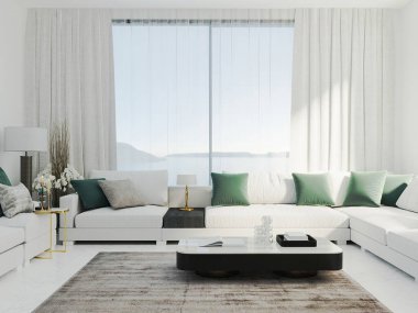 Beyaz kanepeli, yeşil yastıklı, lüks ve zarif oturma odalı parlak modern oturma odası.