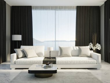 Oturma odasının iç kısmı siyah-beyaz, iç kısmı üç boyutlu.