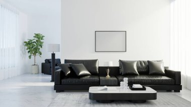Boş yatay çerçeve modern oturma odasının içinde siyah deri kanepe, beyaz boş duvar, İskandinav tarzı, 3D görüntüleme