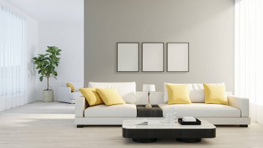 Beyaz kanepesi, lambası ve yeşil bitkisi ahşap kaplamalı parlak modern oturma odasında poster çerçevesi. İskandinav tarzı, rahat bir iç mekan. Parlak, şık bir oda modeli. 3d hazırlayıcı