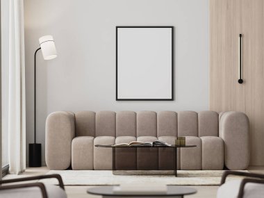 Modern oturma odasının iç dekorasyonu bej kanepe ve cam sehpa ile yapıldı.