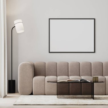 Modern oturma odasının içinde bej kanepe ve cam sehpa ile yapılmış bir resim çerçevesi.