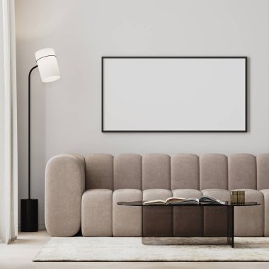 Modern oturma odasının içinde bej kanepe ve cam sehpa ile yapılmış bir resim çerçevesi.