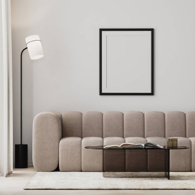 Modern oturma odasının içinde bej kanepe ve cam sehpa ile yapılmış poster çerçeve modeli.