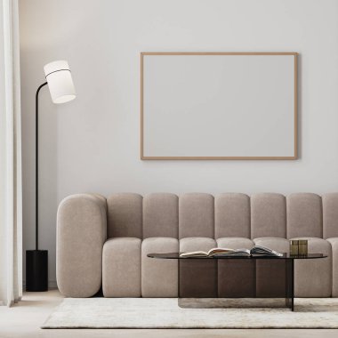 Modern oturma odasının içinde bej kanepe ve cam sehpa ile yapılmış ahşap çerçeve modeli.