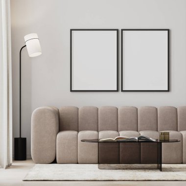 İki poster çerçevesi modern oturma odasının içinde bej kanepe ve cam kahve sehpası, 3 boyutlu.
