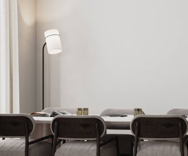 Toplantı odasının içi uzun masa, modern sandalyeler ve yer lambası, boş beyaz duvar modeli, 3D görüntüleme