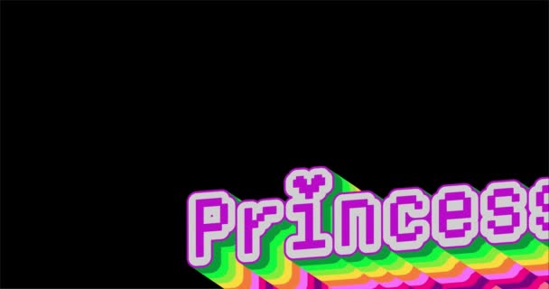 王女様 ブラックの背景に虹の色で長い層状の多色の影でアニメーション4K 挨拶の休日 女王タイポグラフィーレトロフレーズ子供や赤ちゃんのための — ストック動画