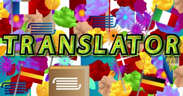 Palavra Tradutor Animado Com Flores Multicoloridas Fundo Frase Retrô Para — Vídeo de Stock