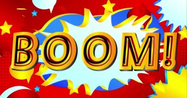 Çizgi roman harfleri Boom. Retro pop sanat tarzında parlak çizgi film illüstrasyonu. Çizgi roman ses efektleri. 4k görüntü canlandırması.