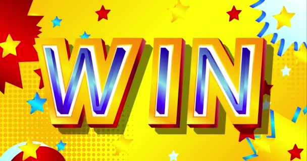 Stripletters Win. Video clip heldere cartoon illustratie in retro pop art stijl. Striptekst geluidseffecten viering van de overwinning. 4k beeldmateriaal animatie. — Stockvideo