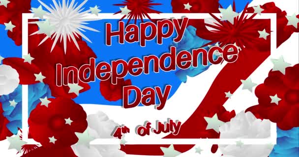 7月4日背景漂亮的贺卡 4K动画与五颜六色的花在美国国旗的颜色 视频剪辑明亮的卡通动画 — 图库视频影像