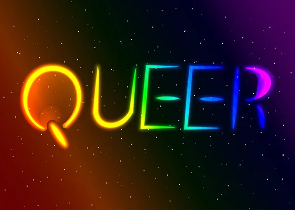 宇宙背景のQueerネオンテキスト 小さな星と暗い宇宙背景にカラフルな虹のスタイルLgbtq 関連の言葉 レズビアン バイセクシャル トランスセクシャル クィアの概念 — ストック写真