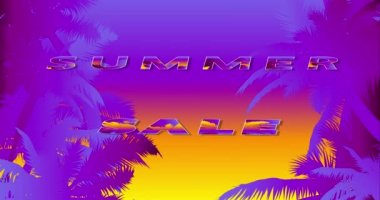 Arka planda palmiye ağaçları ve alacakaranlık olan yaz indirimi afişi.