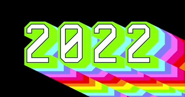 2022年には 黒い背景に虹の色を持つ4Kアニメーションの長い層状の多色影テキストデザイン ハッピーニューイヤーモーションポスターの創造的なコンセプト — ストック動画