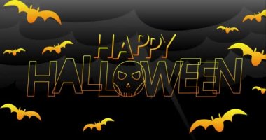 Mutlu Cadılar Bayramı afişleri ya da parti davetiyesi geçmişi, indirimli hareket posteri. 4K görüntüler uçan yarasalar, kafatası ve şimşekler.