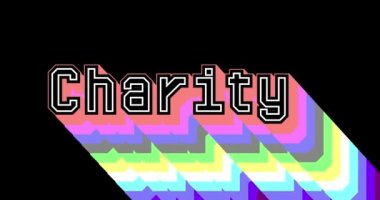 Hayırseverlik kelimesi. 4k animasyonu uzun katmanlı çok renkli gölgeli ve siyah arkaplanda gökkuşağı renginde.