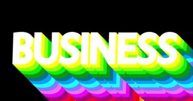 İş için. Siyah arkaplanda gökkuşağı renginde uzun katmanlı çok renkli gölgeye sahip 4k animasyon metni.