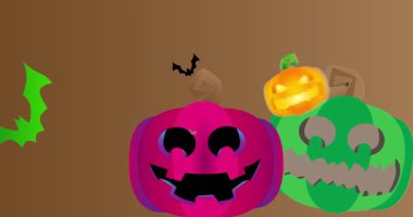 Balkabağı ve yarasa Jack ile Cadılar Bayramı animasyonu. Tatil, kutlama davetiyesi.