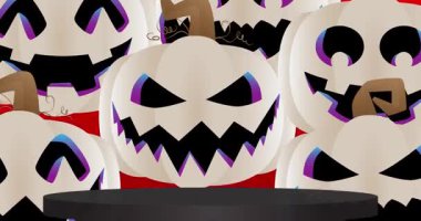 Cadılar Bayramı balkabaklı maket ürün gösterisi, Jack O 'Lantern. Animasyon silindiri kaide podyumu. Sunum için sahne gösterisi videosu. En küçük geometrik biçimlerin taşınması.