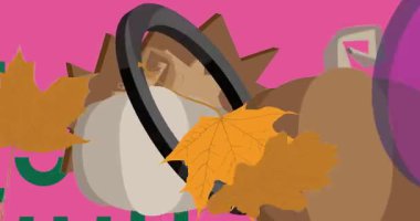 Şükran Günü sonbahar yaprağı ve balkabağı geometrik grafik retro temalı arka plan videosu. Minimum geometrik elementler animasyonu. Klasik soyut şekiller reklam için resimleme.