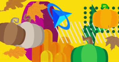 Şükran Günü sonbahar yaprağı ve balkabağı geometrik grafik retro temalı arka plan videosu. Minimum geometrik elementler animasyonu. Klasik soyut şekiller reklam için resimleme.