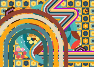 Geçmişe dönük 70 'ler. Harika 1970 'lerin soyut sanat şablonu. Minimalist çizgili tasarım posteri. Eski moda gökkuşağı renkli sanat eserleri.