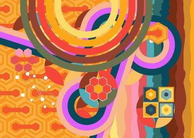 Geçmişe dönük 70 'ler. Harika 1970 'lerin soyut sanat şablonu. Minimalist çizgili tasarım posteri. Eski moda gökkuşağı renkli sanat eserleri.