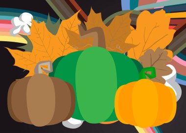 70 'li yılların Şükran Günü arkaplanı, sonbahar yaprağı ve balkabağı. Harika bir tatil. 1970 'lerin sanat şablonu. Minimalist Vintage tasarım posteri. Eski moda renkli sanat eserleri.