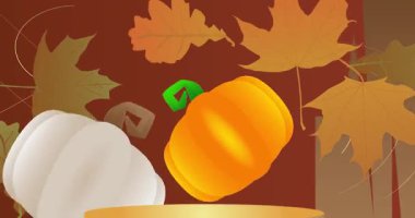 Şükran Günü 'nde sonbahar yaprakları ve balkabağı eşliğinde bir ürün sergisi. Animasyon silindiri kaide podyumu. Sunum için sahne gösterisi videosu. En küçük geometrik biçimlerin taşınması.