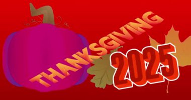 2025 ile Şükran Günü kelimesi, sonbahar yaprağı ve balkabağı. Minnettarlığımı ve hasadımı kutluyorum. Çizgi film animasyon videosu.