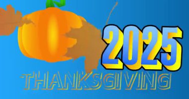 2025 ile Şükran Günü kelimesi, sonbahar yaprağı ve balkabağı. Minnettarlığımı ve hasadımı kutluyorum. Çizgi film animasyon videosu.