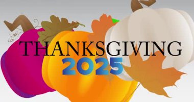 2025 ile Şükran Günü kelimesi, sonbahar yaprağı ve balkabağı. Minnettarlığımı ve hasadımı kutluyorum. Çizgi film animasyon videosu.