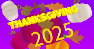 2025 ile Şükran Günü kelimesi, sonbahar yaprağı ve balkabağı. Minnettarlığımı ve hasadımı kutluyorum. Çizgi film animasyon videosu.