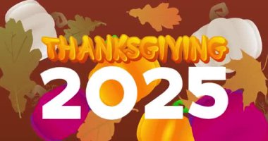 2025 ile Şükran Günü kelimesi, sonbahar yaprağı ve balkabağı. Minnettarlığımı ve hasadımı kutluyorum. Çizgi film animasyon videosu.