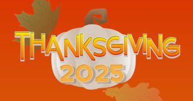 2025 ile Şükran Günü kelimesi, sonbahar yaprağı ve balkabağı. Minnettarlığımı ve hasadımı kutluyorum. Çizgi film animasyon videosu.