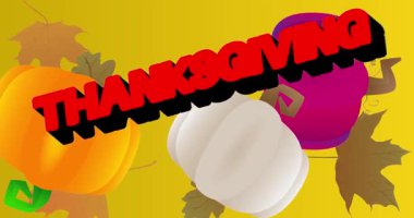 Sonbahar yaprakları ve balkabağı ile Şükran Günü kelimesi. Tatil animasyonu. Minnettarlık videosunu kutla.