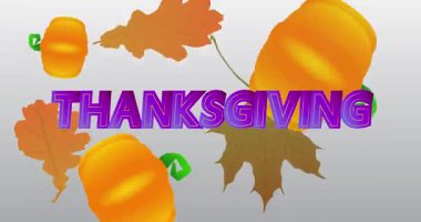 Sonbahar yaprakları ve balkabağı ile Şükran Günü kelimesi. Tatil animasyonu. Minnettarlık videosunu kutla.