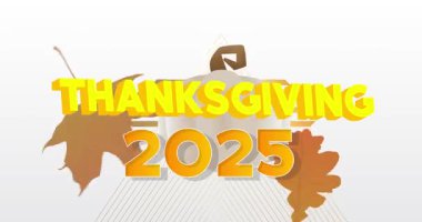 2025 ile Şükran Günü kelimesi, sonbahar yaprağı ve balkabağı. Minnettarlığımı ve hasadımı kutluyorum. Çizgi film animasyon videosu.